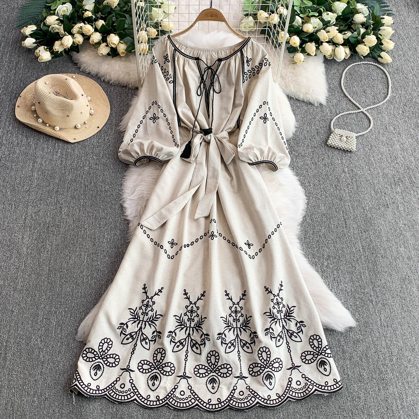 🖤 Vintage Style Lace-Up Round Neck Lantern Sleeve Embroidered Waist-Cinching A-Line Dress
