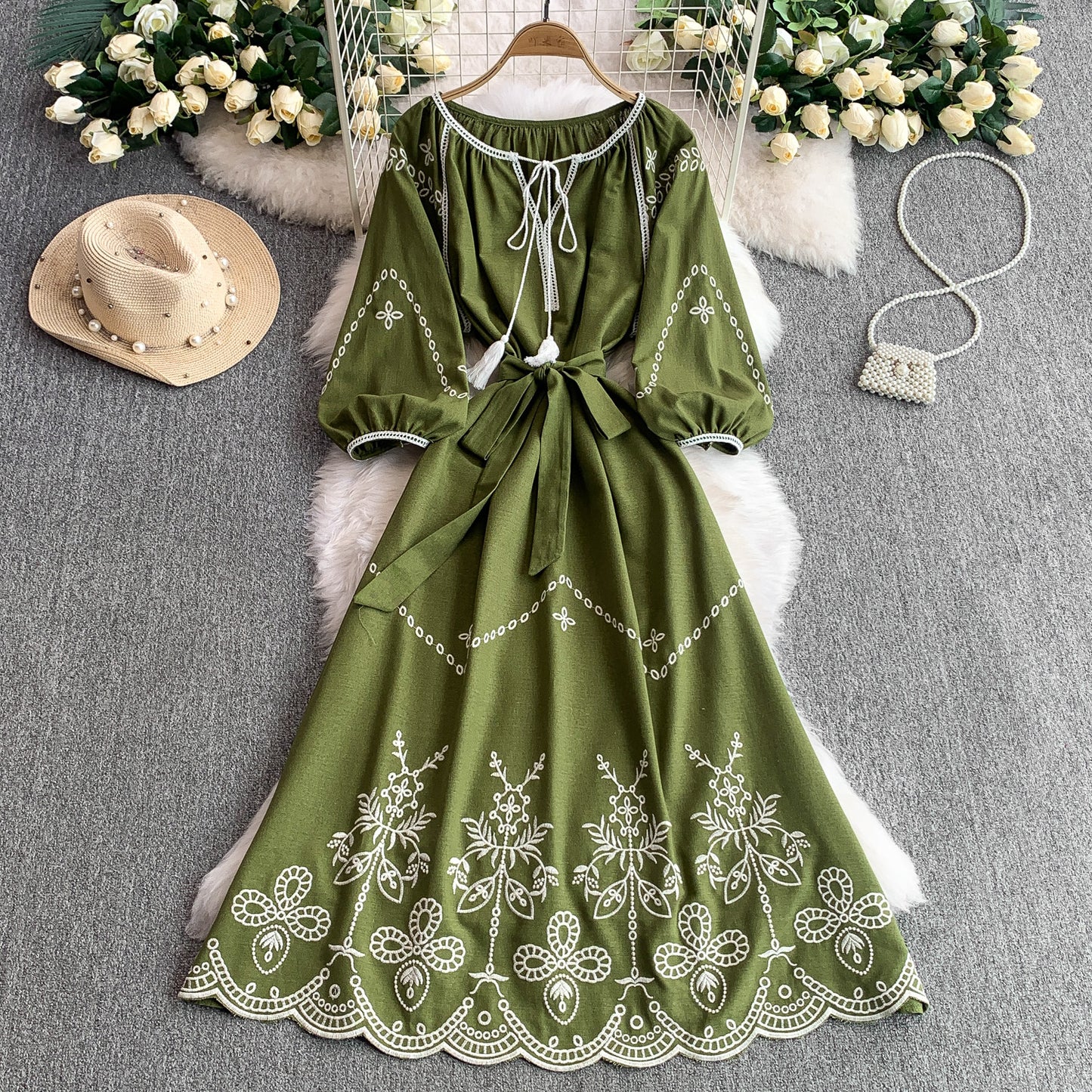 🖤 Vintage Style Lace-Up Round Neck Lantern Sleeve Embroidered Waist-Cinching A-Line Dress