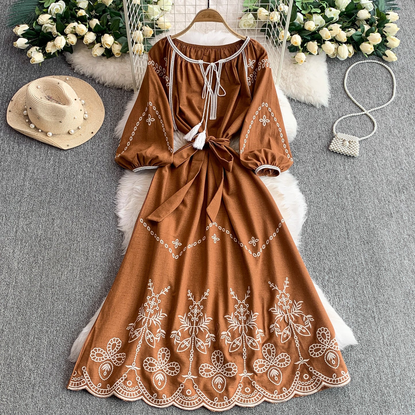 🖤 Vintage Style Lace-Up Round Neck Lantern Sleeve Embroidered Waist-Cinching A-Line Dress