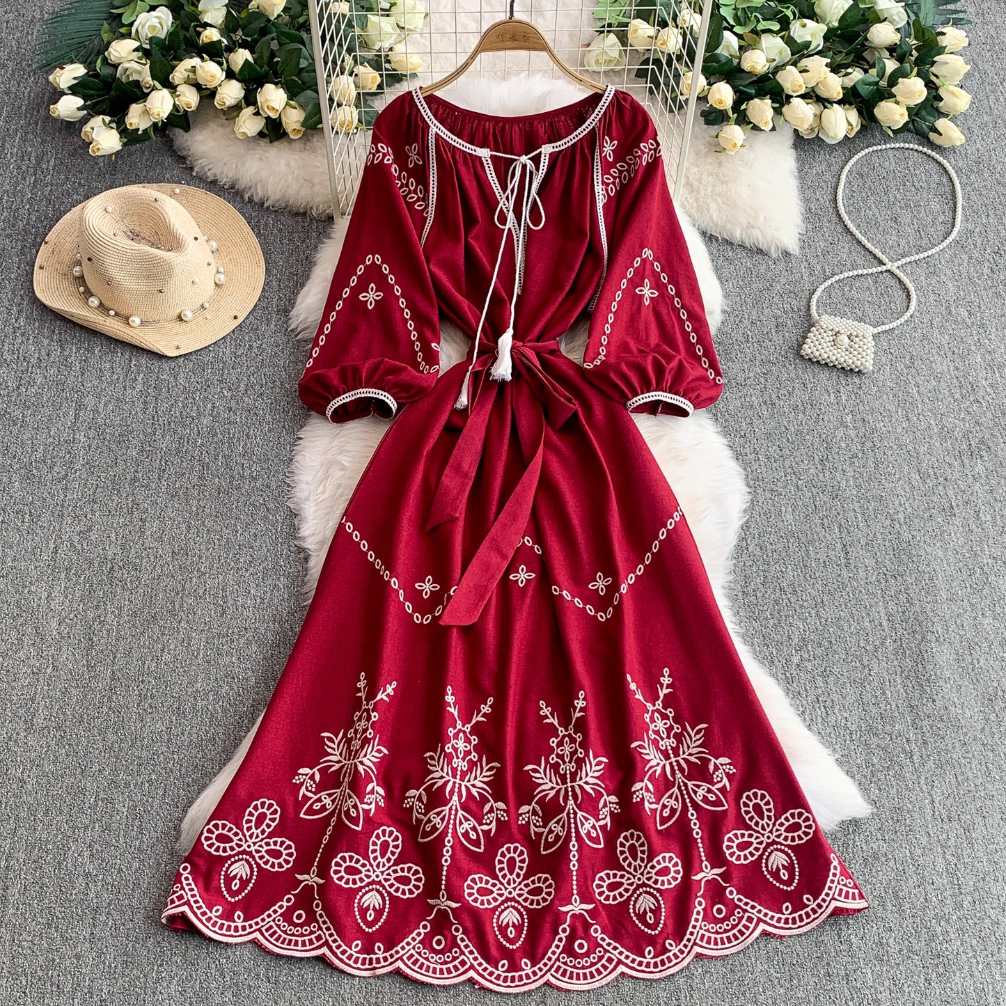 🖤 Vintage Style Lace-Up Round Neck Lantern Sleeve Embroidered Waist-Cinching A-Line Dress