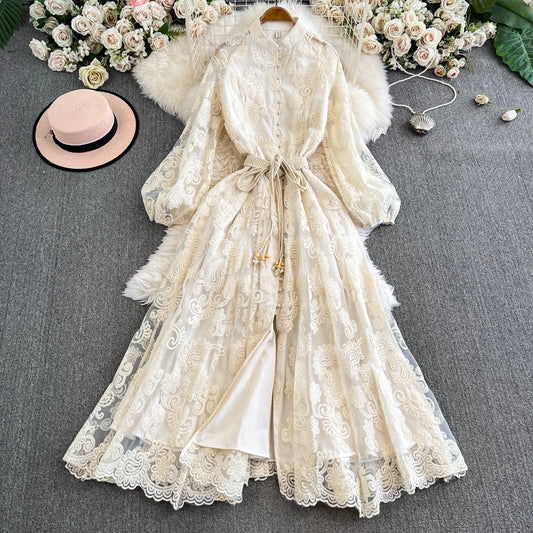 French Elegant Lace Hollow Embroidery Dress – Princess Style Long Dress