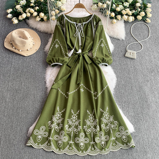 🖤 Vintage Style Lace-Up Round Neck Lantern Sleeve Embroidered Waist-Cinching A-Line Dress