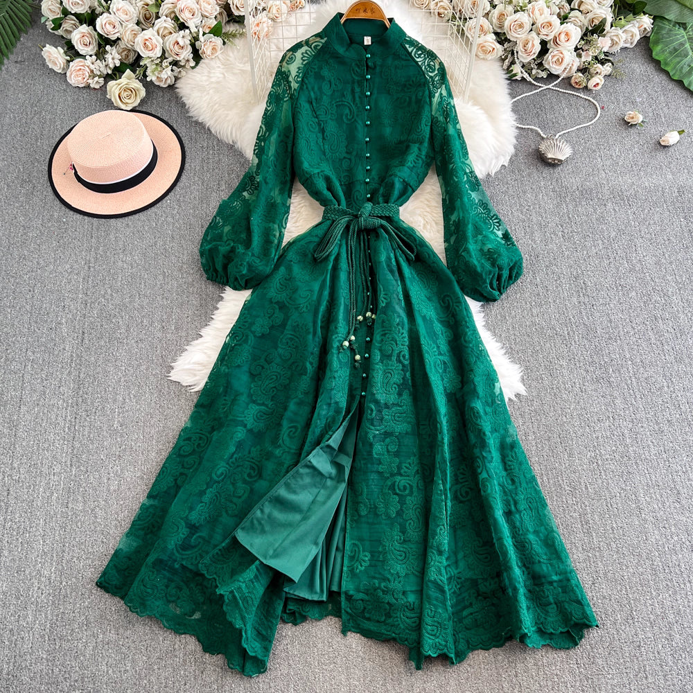 French Elegant Lace Hollow Embroidery Dress – Princess Style Long Dress