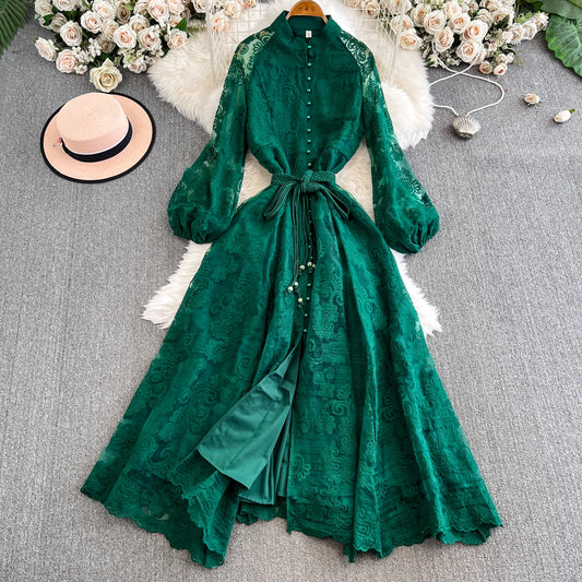 French Elegant Lace Hollow Embroidery Dress – Princess Style Long Dress