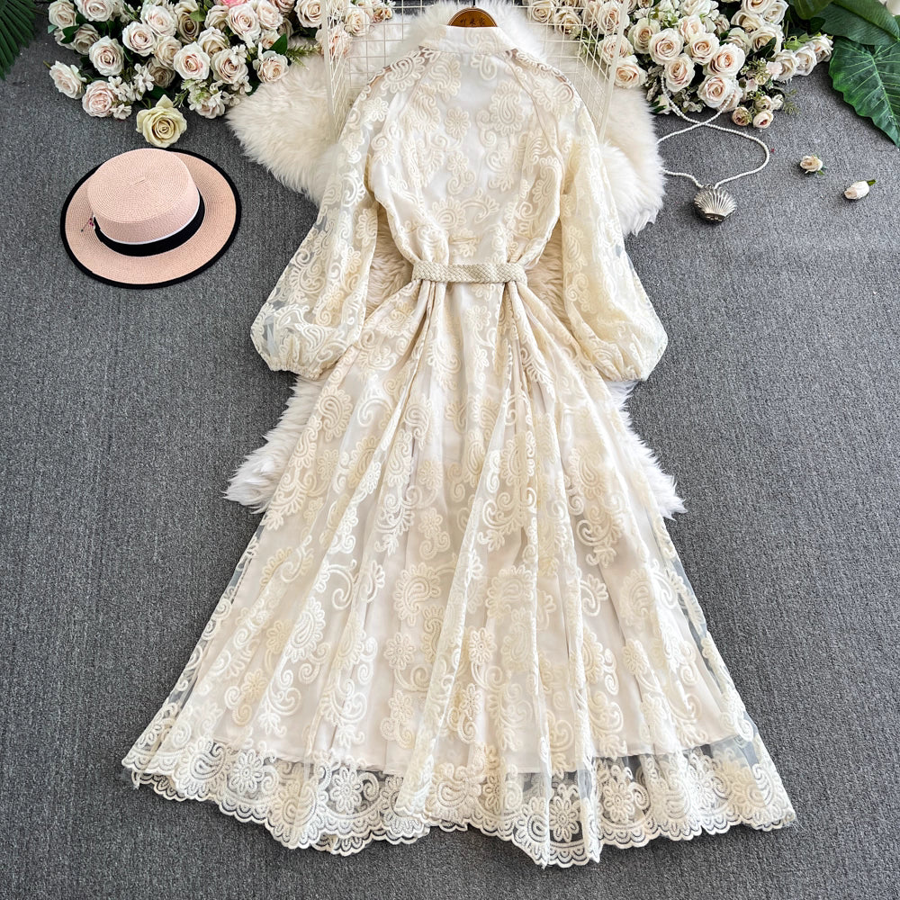 French Elegant Lace Hollow Embroidery Dress – Princess Style Long Dress