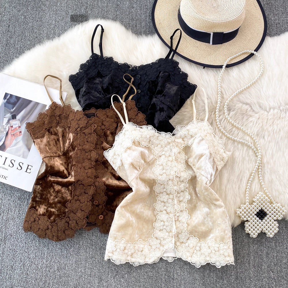 Velvet Lace Trim Camisole Top – Elegant & Sexy Summer Sleeveless