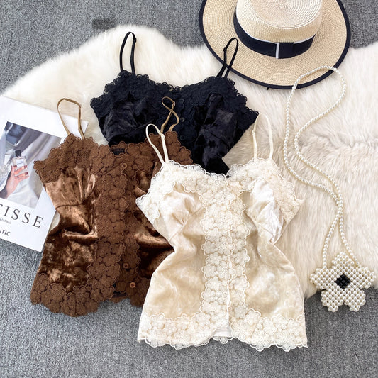 Velvet Lace Trim Camisole Top – Elegant & Sexy Summer Sleeveless