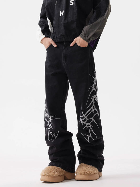 Men’s Retro Street Style Loose Fit Jeans with Thorn Embroidery